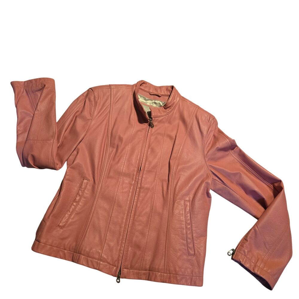 This is a Wilsons Leather Maxima pink leather zip-front moto coat size large